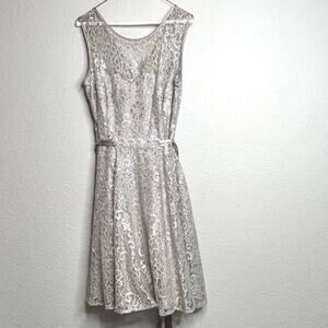 CACHE Champaign Metallic Threaded Lace Empire Waist Evening Cocktail Dress Sz 12